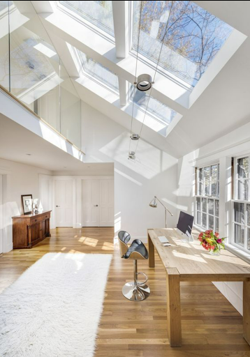 Bright skylit home office interior