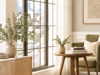 Sunlit corner with a tall arched window, olive tree, and reading chair